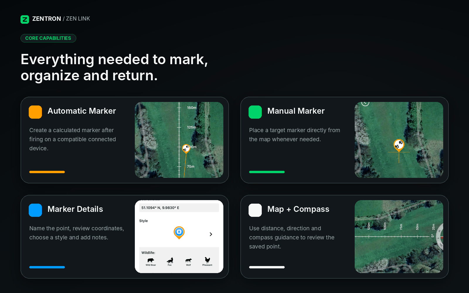 ZenTrace automatic marker, manual marker, marker details and map features